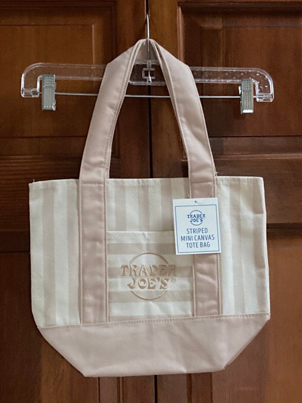 Trader Joe's Mini Canvas Tote Bag - Tan Striped Canvas 13in wide x 10.5in high